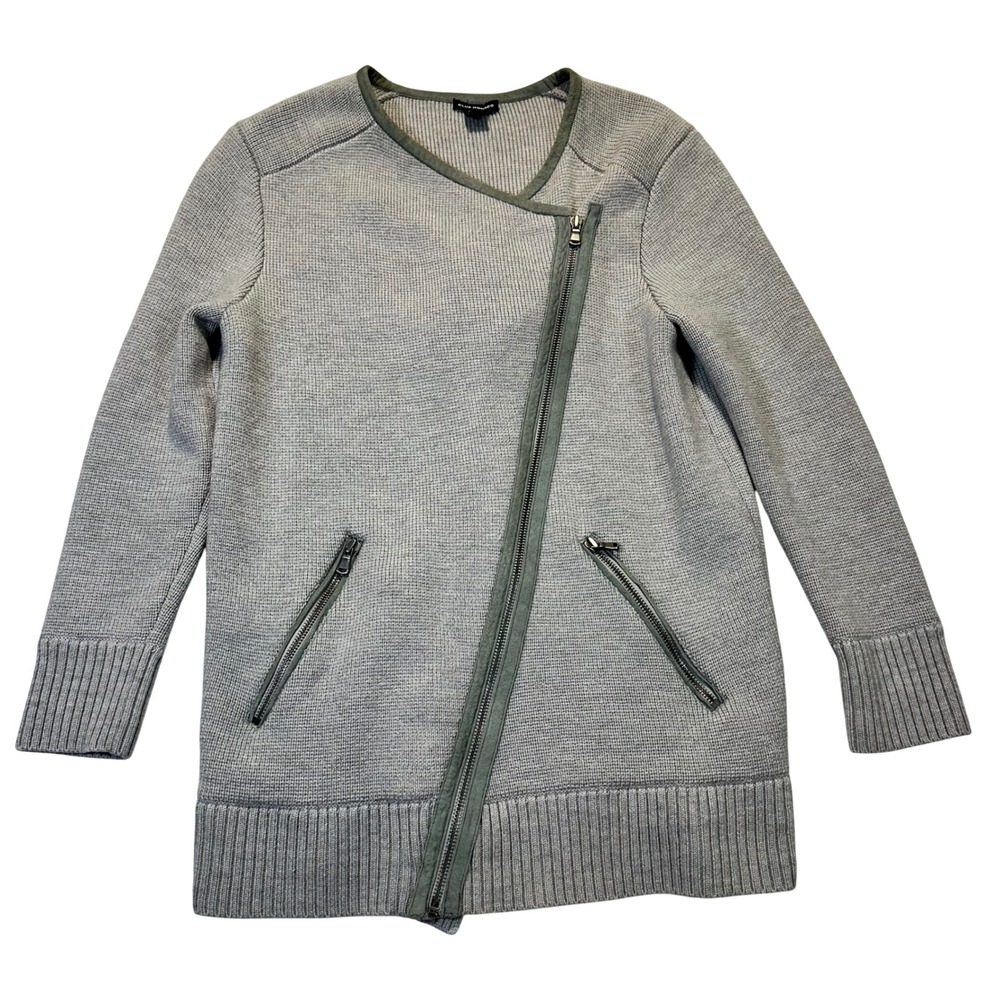 Club Monaco Moto Zip Cardigan Womens Small Grey Wool Suede Trim 295518363
